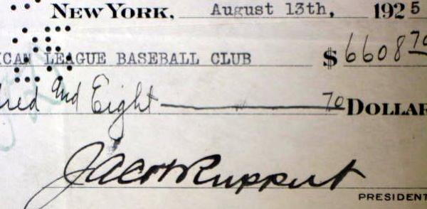 1925 N.Y. YANKEES CHECK SIGNED BY RUPPERT & BARROW w/COA