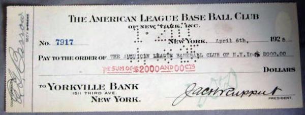 1925 NEW YORK YANKEES TEAM CHECK w/RUPPERT & BARROW SIGNATURES