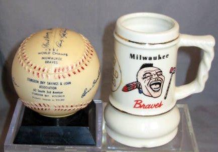 1957 MILWAUKEE BRAVES BALL BANK & MUG