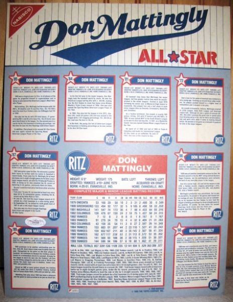 DON MATTINGLY  AUTOGRAPH TOPPS / NABISCO RITZ CARD SHEET W/COA