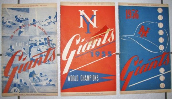 1954,55 and 56 NEW YORK GIANTS BASEBALL PROGRAMS / WALTER ALSTON AUTOGRAPH