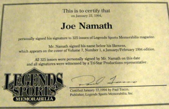 JOE NAMATH SIGNED LEGENDS SPORTS MAGAZINE w/COA