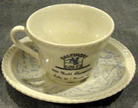 1959 BALTIMORE COLTS WORLD CHAMPION CUP & SAUCER - w/FACSIMILE AUTOGRAPHS