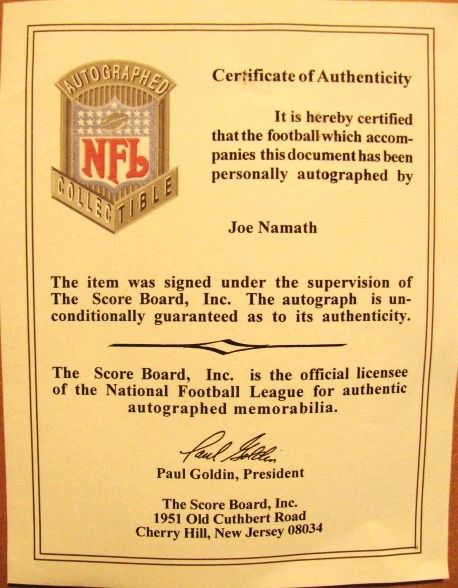 JOE NAMATH SIGNED FOOTBALL w/COA SCORE BOARD