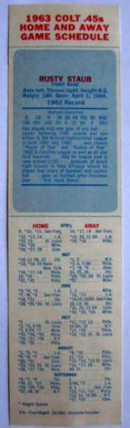 1963 HOUSTON COLT 45's STAR CARD/SCHEDULE- RUSTY STAUB