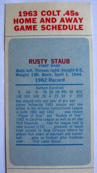 1963 HOUSTON COLT 45's STAR CARD/SCHEDULE- RUSTY STAUB