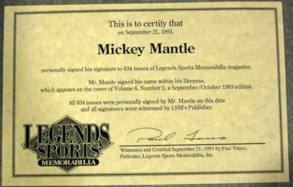 1993 MICKEY MANTLE SIGNED MAGAZINE w/COA