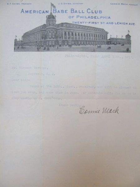 1917 CONNIE MACK SIGNED LETTER WITH ENVELOPE