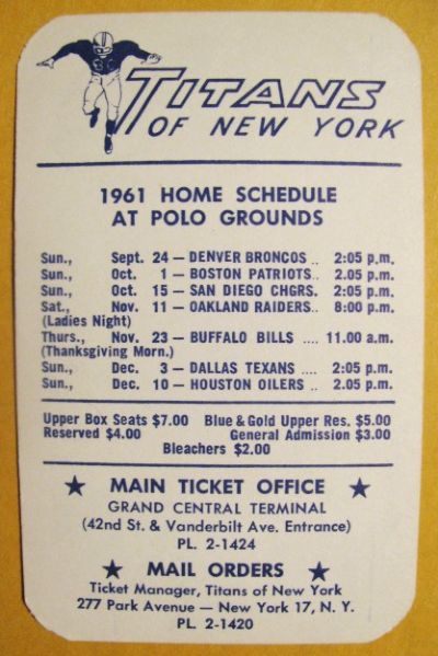 1961 NEW YORK TITANS AFL HOME SCHEDULE-POLO GROUNDS