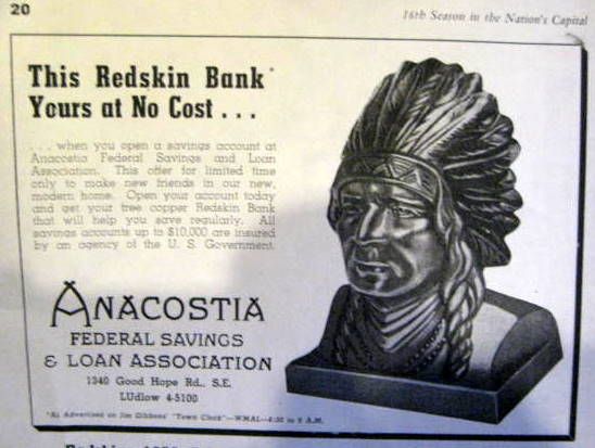 50's WASHINGTON REDSKINS ANACOSTA FIGURAL BANKS