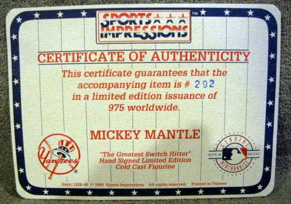 1995 MICKEY MANTLE SIGNED STATUE w/COA