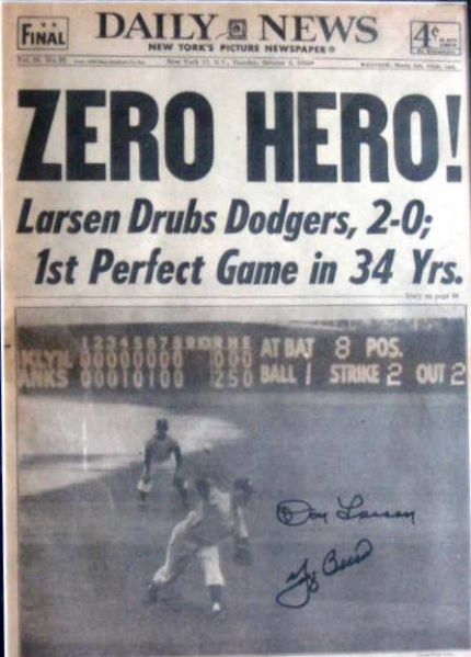 1956 DON LARSEN/YOGI BERRA SIGNED PERFECT GAME TICKET STUB & NEWSPAPER