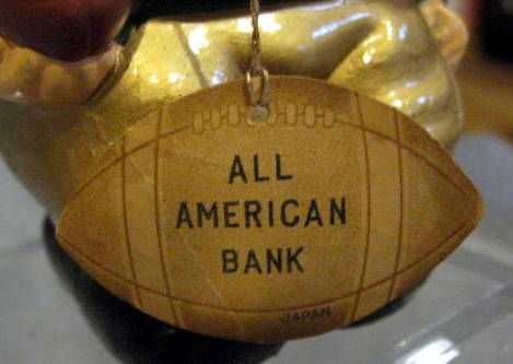 60's ALL-AMERICAN FOOTBALL BOBBING HEAD / BANK w/TAG