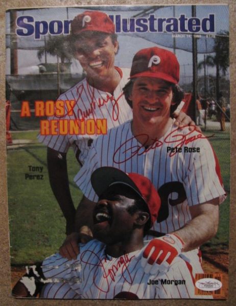 1983 TONY PEREZ, PETE ROSE AND JOE MORGAN SIGNED SPORTS ILLUSTRATED w/JSA COA 