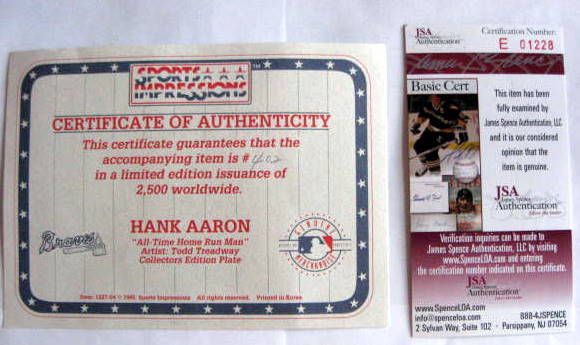 HANK AARON 'HOME RUN PLATE - SIGNED w/JSA COA