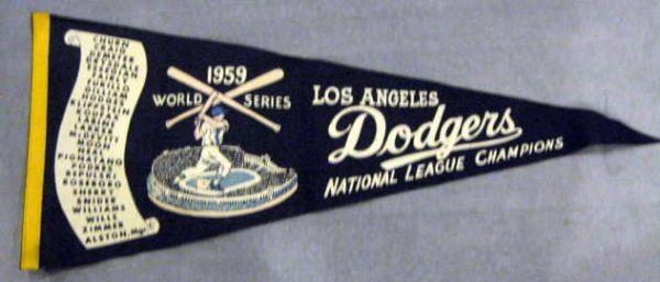 1959 L.A. DODGERS WORLD SERIES PENNANT w/TEAM SCROLL