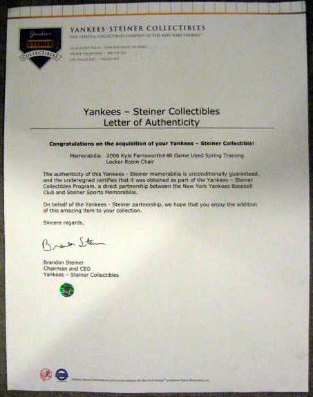 2006 N.Y. YANKEES LOCKER ROOM CHAIR- KYLE FARNSWORTH w/STEINER LOA