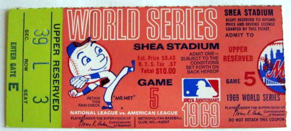 1969 WORLD SERIES TICKET STUB- GAME 5 PLUS BONUS