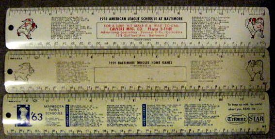 VINTAGE 50's/60's BASEBALL SCHEDULE RULERS - ORIOLES & TWINS