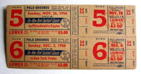 1950 NEW YORK GIANTS FULL TICKETS UNCUT SHEET