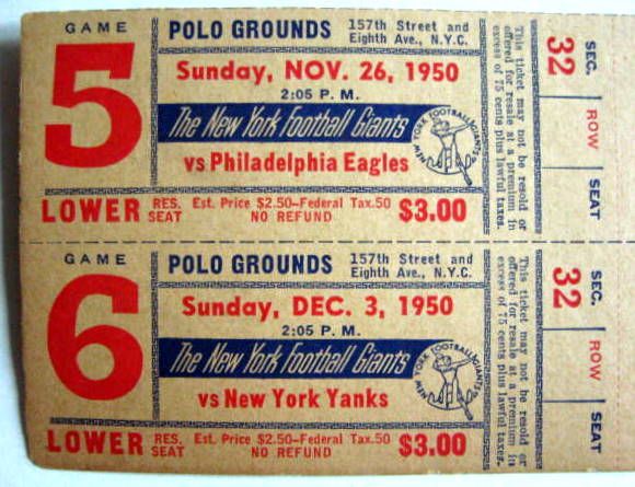 Lot Detail - 1950 NEW YORK GIANTS FULL TICKETS UNCUT SHEET