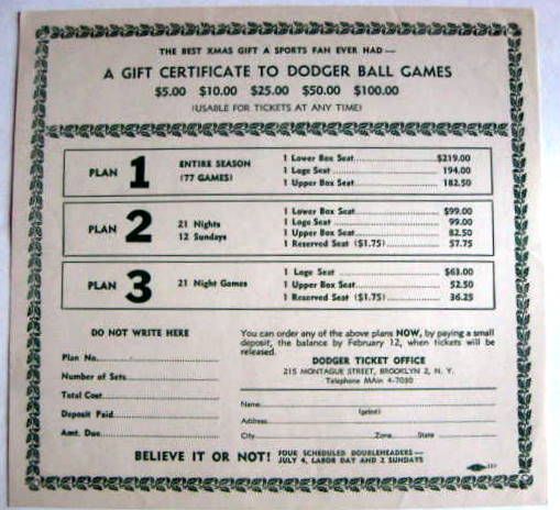 VINTAGE BROOKLYN DODGERS GIFT CERTIFICATE FORMS