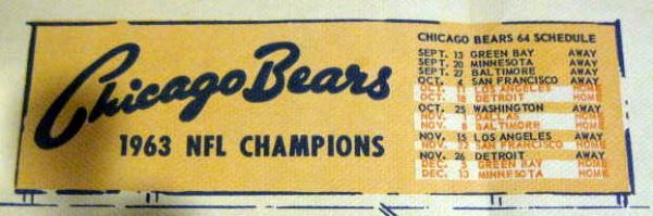 1963 CHICAGO BEARS WORLD CHAMPIONS PLACE MAT w/SCHEDULE