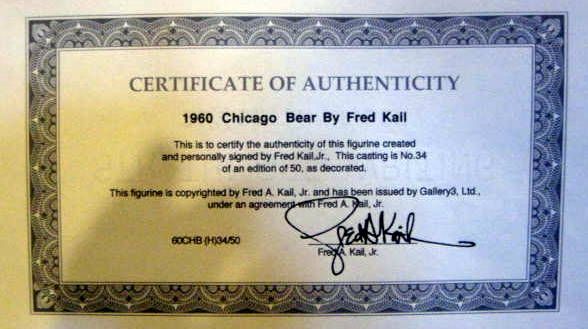 1960 CHICACO BEARS KAIL STATUE w/COA