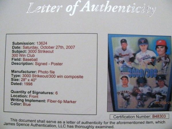1998 - 3000 STRIKEOUT / 300 WIN SIGNED FRAMED POSTER w/ RYAN AND SEAVER - JSA LOA