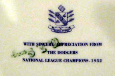1952 BROOKLYN DODGERS NATIONAL LEAGUE CHAMPIONS DINNER PLATE & MUG