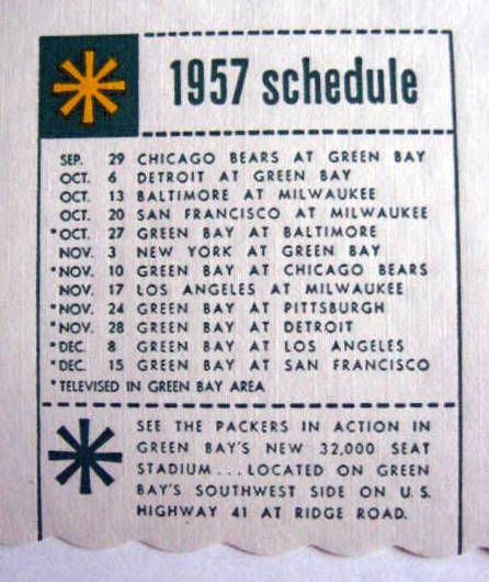 1957 GREEN BAY PACKERS PLACE MAT w/SCHEDULE