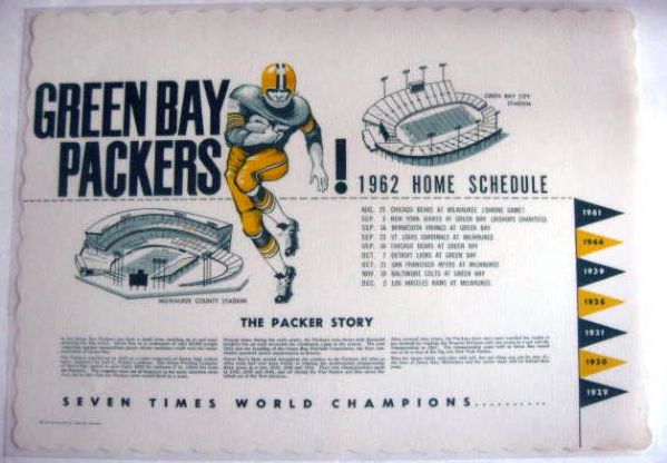 1962 GREEN BAY PACKERS PLACE MAT