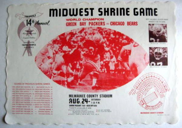 1963 GREEN BAY PACKERS MIDWEST SHRINE GAME PLACE MAT