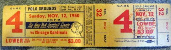 1950 NEW YORK GIANTS/CHICAGO CARDINALS FULL TICKET