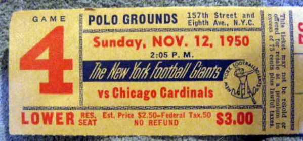 1950 NEW YORK GIANTS/CHICAGO CARDINALS FULL TICKET