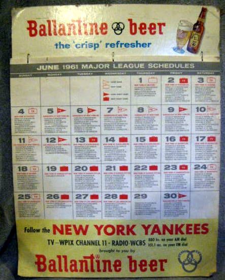 1961 NEW YORK YANKEES BALLANTINE BEER ADVERTSING SCHEDULE/CALENDAR