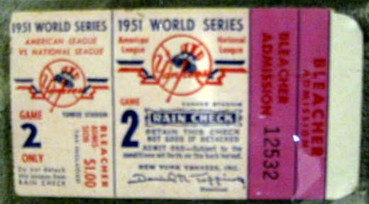 1951 WORLD SERIES TICKET STUB - YANKEES /GIANTS GAME 2- MANTLE GETS HURT