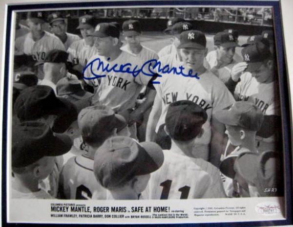 MICKEY MANTLE SIGNED SAFE AT HOME LOBBY CARD - FRAMED w/JSA LOA