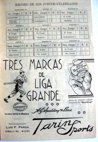 1937 NEW YORK GIANTS VS ST. LOUIS CARDINALS CUBAN TOUR PROGRAM SIGNED BY BILL TERRY