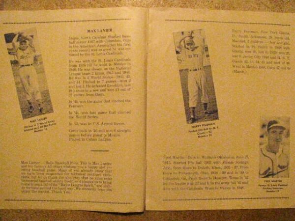 1940's MAX LANIER'S ALL STARS BASEBALL PROGRAM ST. LOUIS CARDINALS