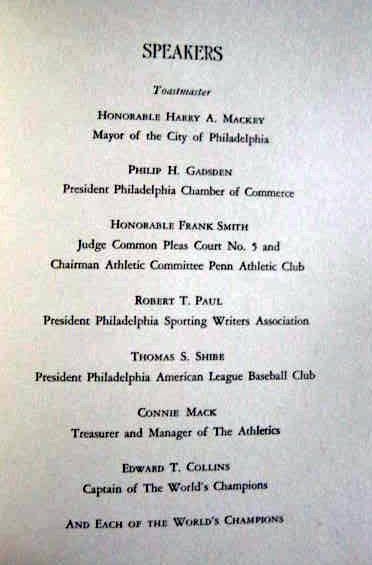 1929 PHILADELPHIA ATHLETICS WORLD CHAMPIONS TESTIMONIAL DINNER PROGRAM- RARE!