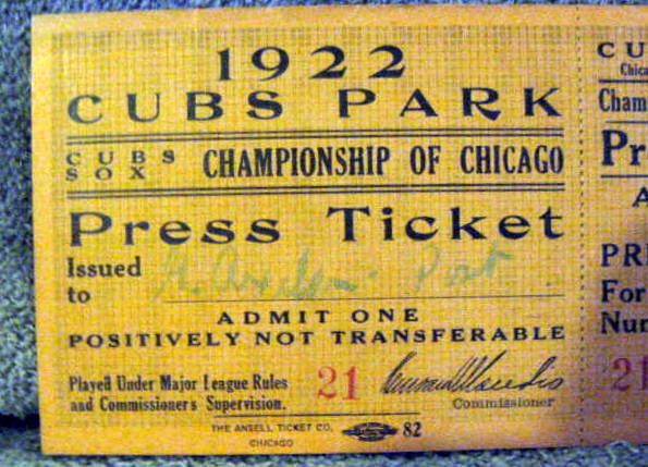 1922 CHAMPIONSHIP OF CHICAGO- CUBS VS WHITE SOX FULL PRESS TICKET - RARE!