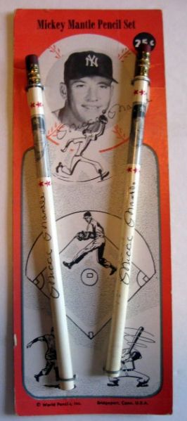 60's MICKEY MANTLE PENCIL SET ON PICTURE HEADER CARD