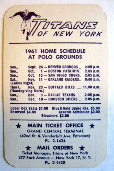 1961 NEW YORK TITANS POCKET SCHEDULE - 2nd YEAR AFL!