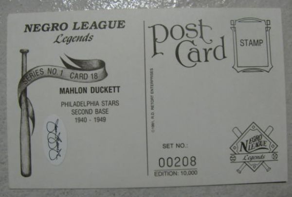 NEGRO LEAGUER - MAHLON DUCKETT SIGNED POSTCARD w/JSA