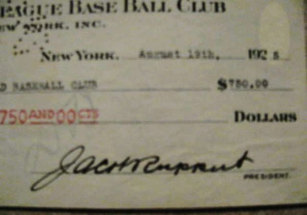 RUPPERT / BARROW 1925 NY YANKEES SIGNED CHECK