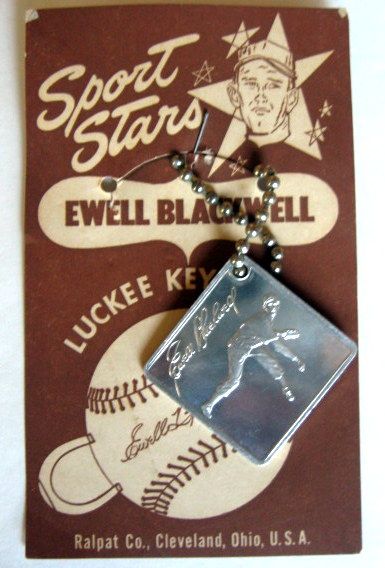 VINTAGE 50's EWELL BLACKWELL & RALPH KINER LUCKEE KEY CHARMS ON HEADER CARDS