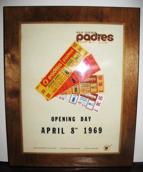1969 SAN DIEGO PADRES OPENING DAY TICKET DISPLAY PLAQUE