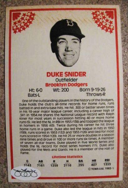DUKE SNIDER  SIGNED PHOTO CARD w/JSA