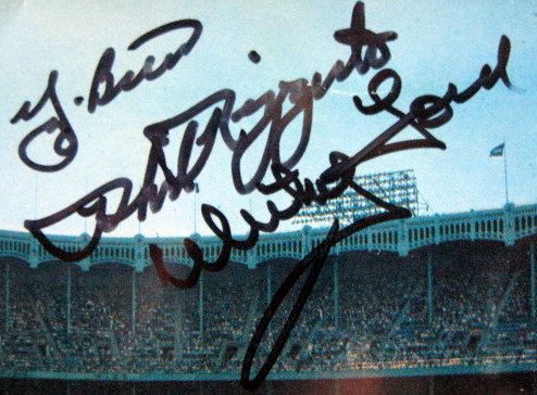 VINTAGE YANKEE STADIUM POST CARD SIGNED BY BERRA, FORD & RIZZUTO -W/ JSA COA